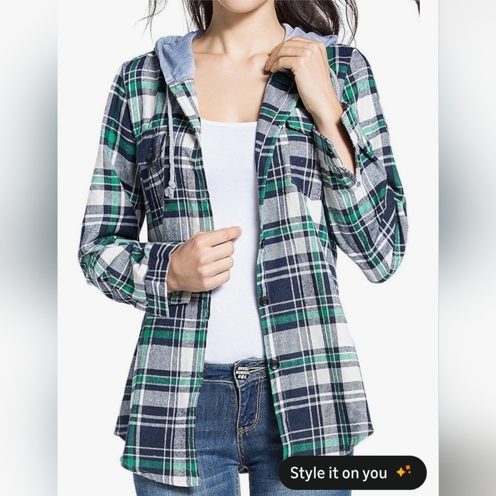 Plaid Hooded Flannel Button-Up Shirt Small Green Navy Blue Grey 100% Cotton
